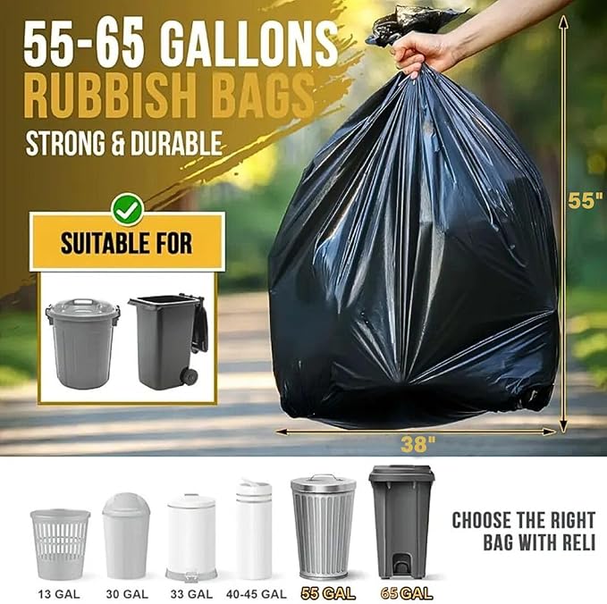 50 55 60 Gallon Trash Bags, 100 Count High Density Garbage Bags, Recycling Trash Can Liners, Sturdy & Tear-Resistant Large Black Bag for Kitchen Yard Outdoor Commercial Use, Lawn Leaf Waste Bags