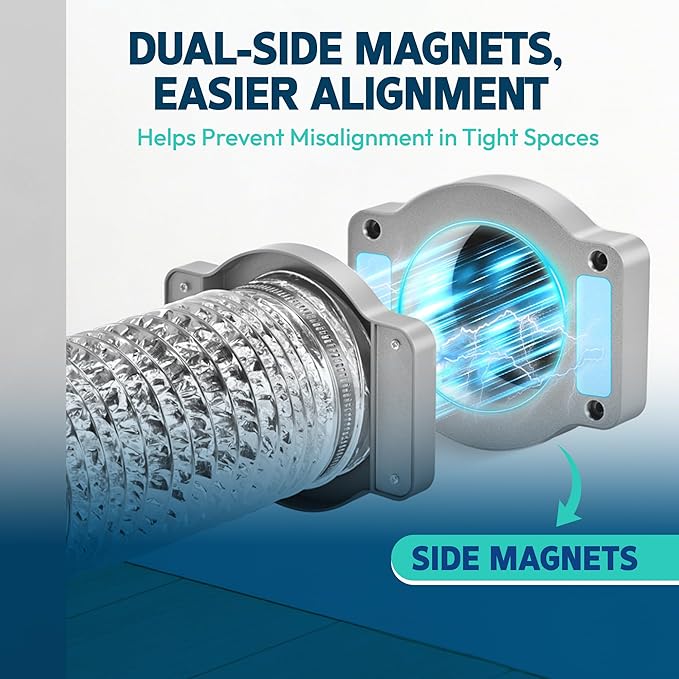 Magnetic Dryer Vent Coupling Connector Kit-DV180 Contractor-Grade Quick Connect for Tight Spaces Behind Dryer, Dual-Side Magnets, Airtight Seal, Easy to Clean, Includes 4" x 2.6ft Duct & 2 Clamps