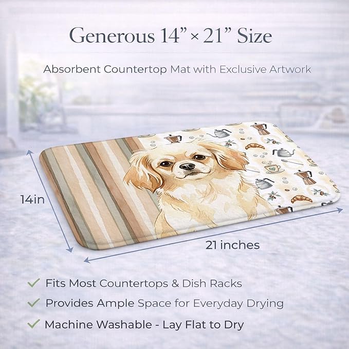 Caroline's Treasures Cream Tibetan Spaniel Coffee Bar Dish Drying Mat Absorbent Dish Drying Mat Pad for Kitchen Counter Dish Drainer Mat for Countertop, 14 x 21", Multicolor