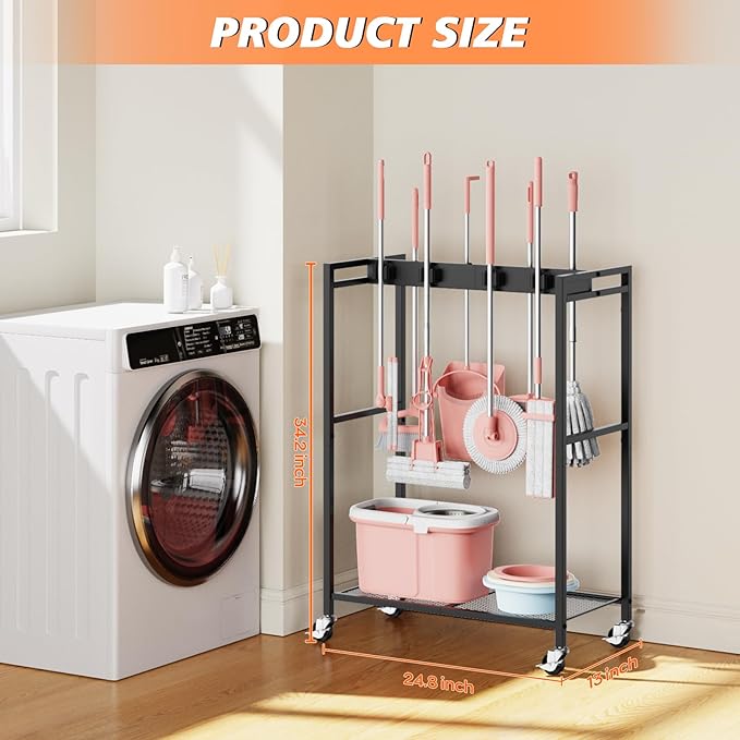 Broom and Mop Holder, MUNNAR Broom Closet Storage Cabinet, Cleaning Cart with Broom and Mop Hanger, Janitorial Cart with Wheels for Household, Laundry Room Organization