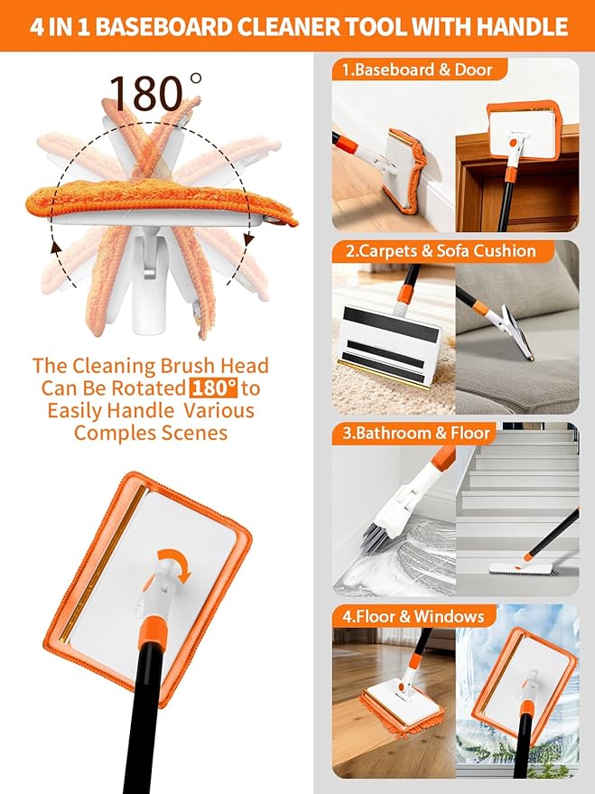 4-in-1 Baseboard Cleaning Tool with Extendable Handle 5 Reusable Pads 1 Carpet Rake Stiff Bristle Brush Multi-Surface Baseboard Brush for Cleaning Baseboard Wall Carpet Floor Bathroom Kitchen Pet Hair