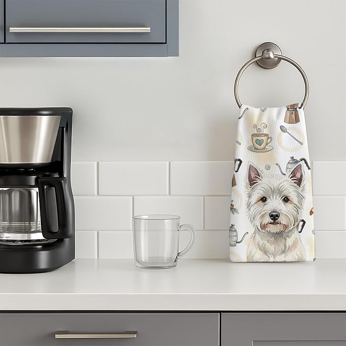 Caroline's Treasures Westie Coffee Bar Kitchen Towel Velour Plush Front and Cotton Loop Back Machine Washable