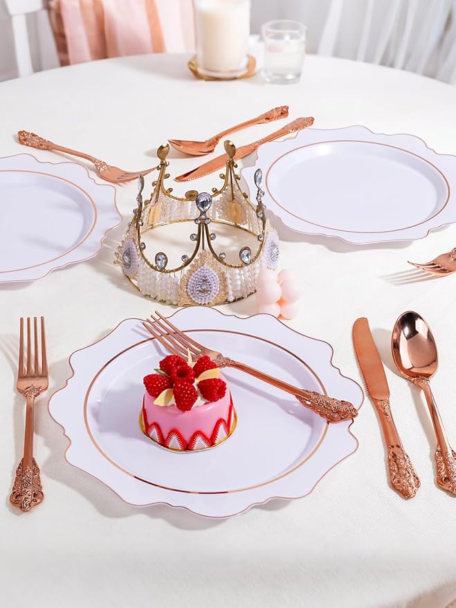 WDF 120Pieces Rose Gold Plastic Silverware - Heavy Duty Rose Gold Plastic Cutlery Set - Disposable Utensils - Flatware Includes 40 Forks, 40 Spoons, 40 Knives for Wedding Party Birthday