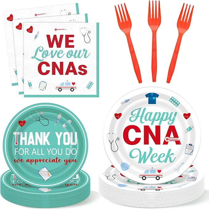 Remerry 96 Pcs Happy Cna Week Party Supplies Nurse Appreciation Plates and Napkins Set Decoration We Love Our Cnas Disposable Plates Thank You for All You Do Party Decoration