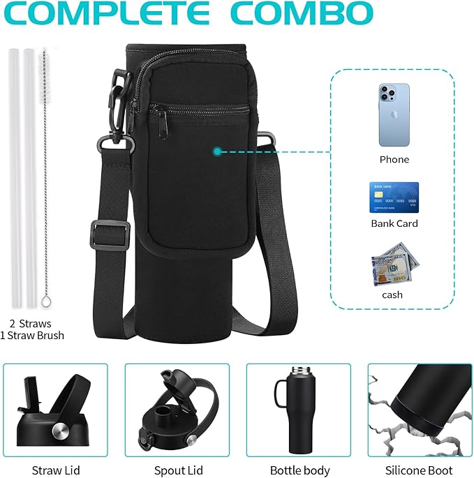 Stainless Steel Water Bottles 40oz - Insulated Water Bottle with Straw, Strap Carrier Bag & Protective Boot, Tumbler with Handle for Car, Office, Gym