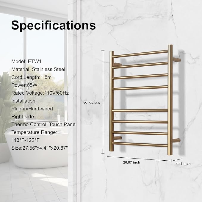 Electric Heated Towel Warmer - Wall Mounted Bathroom Towel Rack, Plug-in Design & Brushed Stainless Steel Finish 8 Bar Gold with Single Press