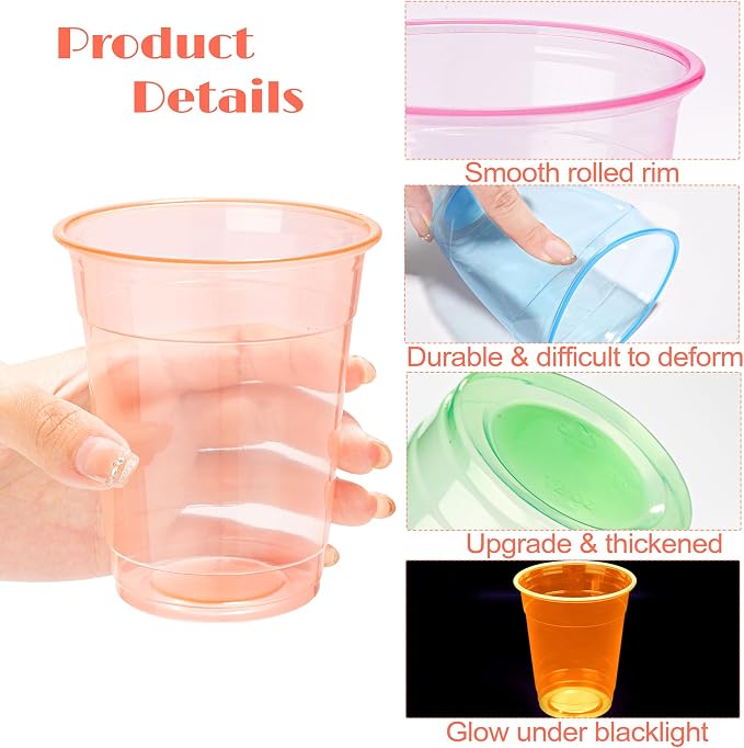 Kochorie 60 Pack 12 Oz Plastic Neon Cups Glowing Party Cups 4 Assorted Neon Colors Disposable Blacklight Party Light Up Cup for Birthday Party In The Dark Party Supplies