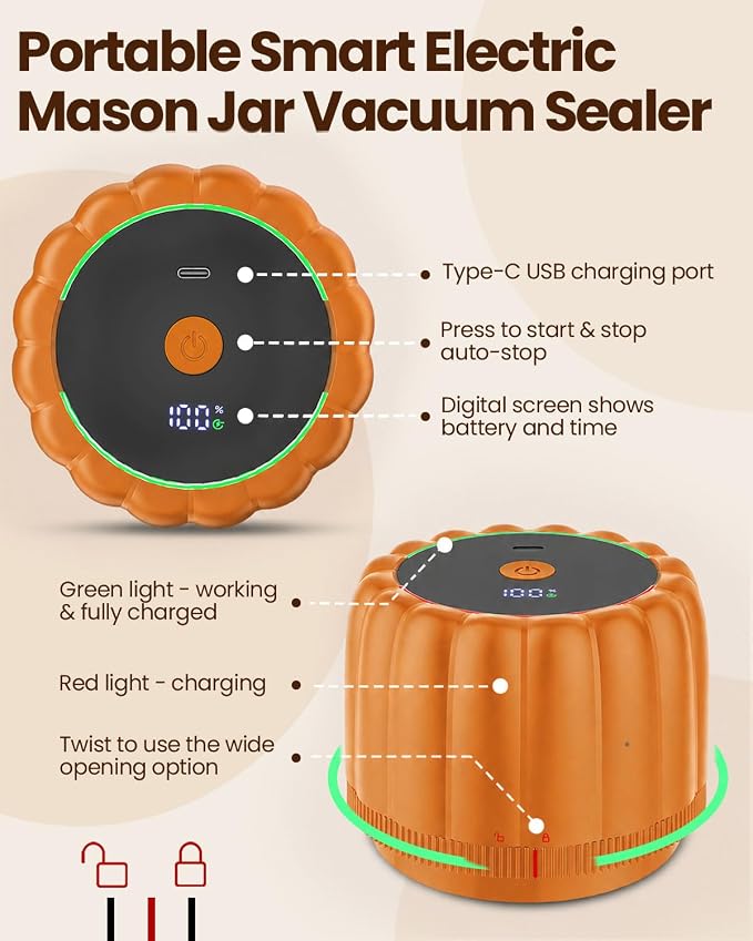 2026 Upgraded Electric Mason Jar Vacuum Sealer Kit with Wide and Regular Mouth Mason Lids -80kpa Automatic Vacuum Pump 2500mAh Battery One Touch Canning Sealing Machine for Food Storage Orange
