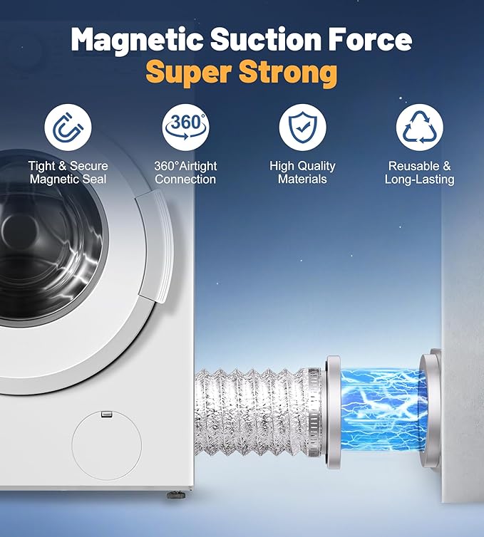 Magnetic Dryer Vent Coupling Connector Kit - DV180 Airtight Seal, Quick Magnetic Connect/Disconnect, Includes 4" Extendable Flexible Duct Hose, 2 Clamps, Screws - Easy Install & Lint Cleaning (silver)