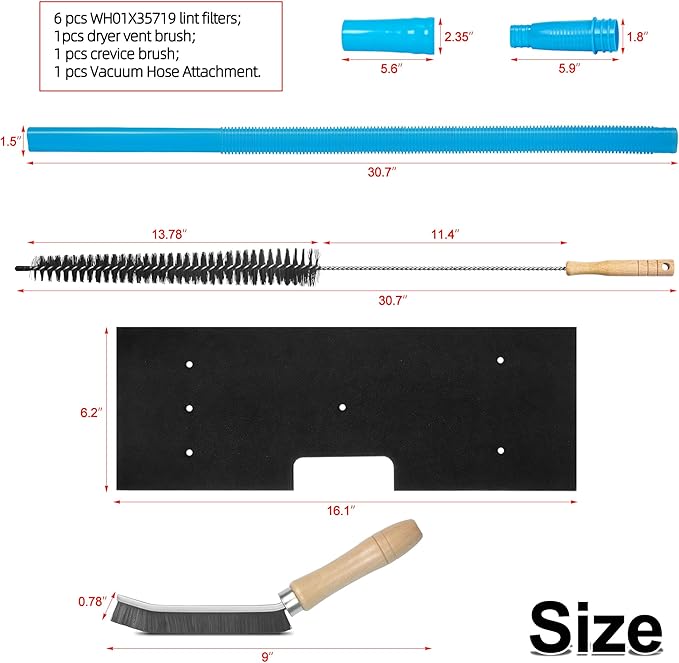 9Pcs Dryer Vent Cleaner Kit for GE Washer Dryer Combo,WH01X35719 Lint Filter replacement with dryer vent brush, Dryer Vent Vacuum Hose Attachment,Hand Washable and Reusable,Models: PFQ97HSPVDS