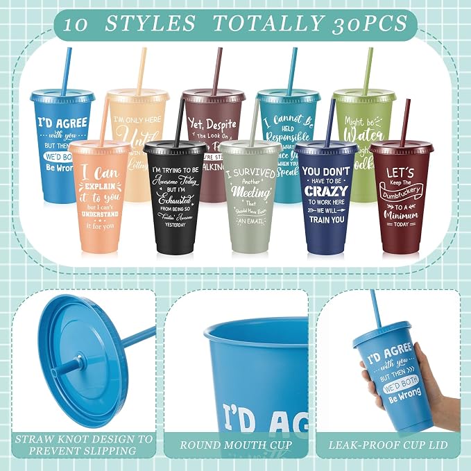 Uiifan 30 Pcs Funny Employee Gifts, Sarcastic Office Gifts for Coworkers Staff, 24oz Colorful Plastic Tumbler with Lids and Straws Bulk, Funny Tumblers for Women Man(Morandi Color)