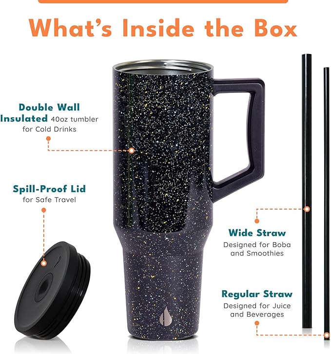 Elemental 40 oz Tumbler with Handle and Straw - Spill Proof Insulated Stainless Steel Commuter for Cold Beverages - Travel Coffee Mug with 2 Straws & Spill Proof Lid - 40oz - Black Speckle