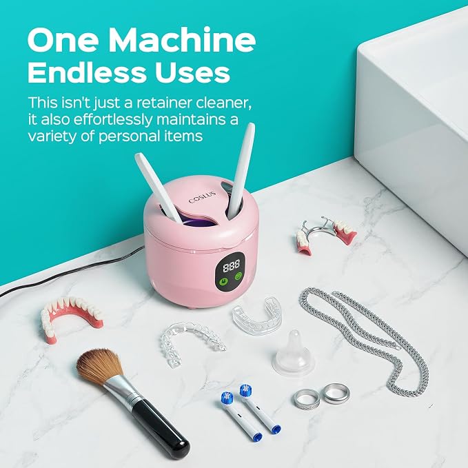 COSLUS C60 Ultrasonic Retainer Cleaner Machine: 45kHz Professional Dental Cleaning Pod for Denture, Mouth Guard, Aligner & Jewelry Deep Cleaning - Removable Tank, Upgraded Durable for Home Use, Pink