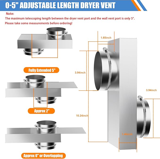 84049 Periscope dryer vent, 0-5"Adjustable Dryer Vent Connector Kit, Short Small Telescoping Exhaust Vent Hose Adapter Close to the Wall Space for 4" Low Profile Space-Saving Replacement Vents