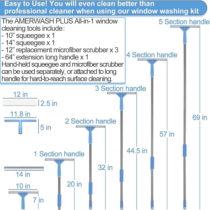 AMERWASH PLUS Window Squeegee Washing Kit for High Window, Shower Glass Door, Mirror Cleaning, with 69-inch Extension Pole, Extra 14'' Wide Squeegee and 2 Microfiber Scrubbers Included