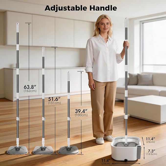 Masthome Spin Mop and Bucket with Wringer Set, Clean Dirty Water Separation, 360° Rotating Floor Mop with Adjustable Stainless Steel Handle, Reusable Pads for Hardwood Tile Laminate Home Cleaning