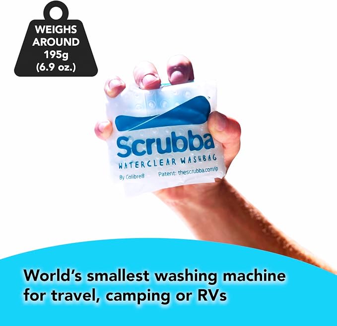 Scrubba WATERCLEAR Wash Bag - Patented Washboard-in-a-Bag™ Portable Manual Washing Machine for Travel, Camping, Backpacking & Cruise - Larger Water Inlet/Outlet for Easy Rinsing - (6.9 oz)