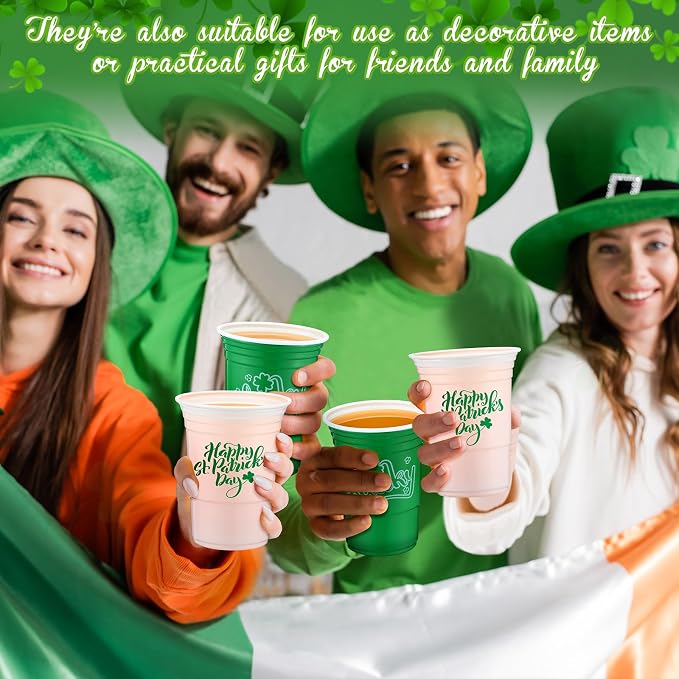 Pickmesh 100 Pcs St Patricks Day Plastic Cups 16oz Lucky Shamrock Design Disposable Cups for Lucky Party Supply St Patrick's Day Tumblers for Hot Cold Drinks Coffee Juice Beer Candy Snacks