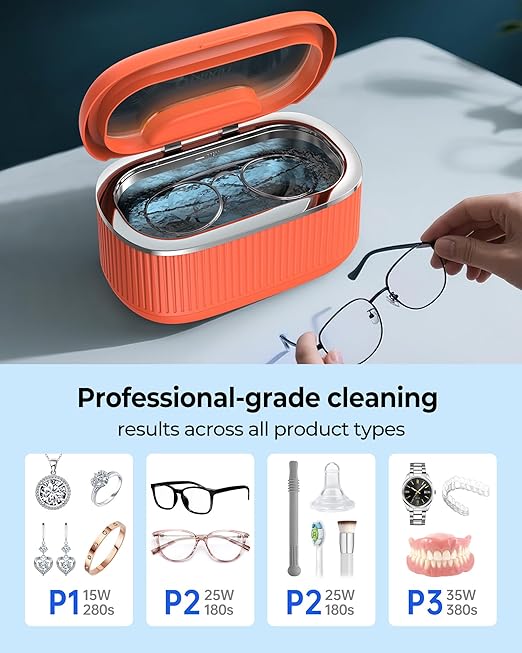 35W Ultrasonic Jewelry Cleaner, 45KHz Retainer Cleaner for Jewelry, 5 Timer & 3 Power Modes, Eyeglasses, Rings, Watch Strap, Dentures - 20oz, 304 Stainless Steel Tank, Quiet <38dB (Orange)