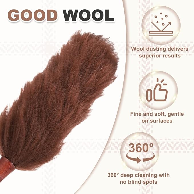 uxcell Wool Duster, 20.5" Natural Feather Cleaner Household Cleaning Duster with Solid Wooden Handle for Cleaning Fans Window Blinds Shelves Furniture, Coffee