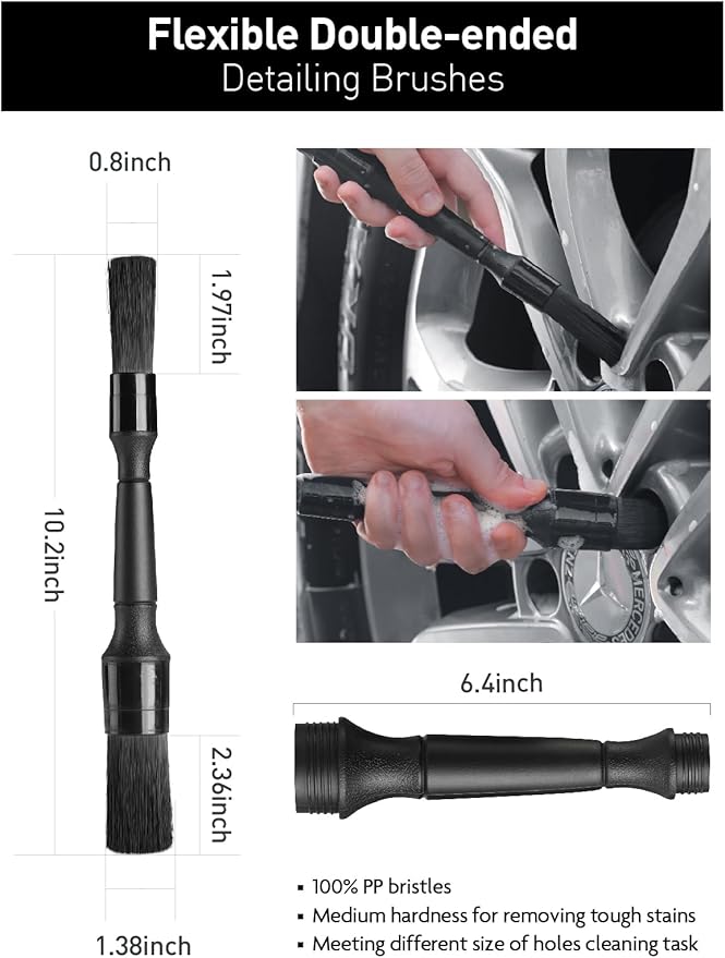 Fantasticlean 7PCS Car Wheel Brush Kit, Tire Brush for Car Owners & Auto Detailers, Soft-bristled Rim Brush, Flat Wheel Brush, Double-Ended Detailing Brush and Pads for Home Shop, Cars Trucks RVs