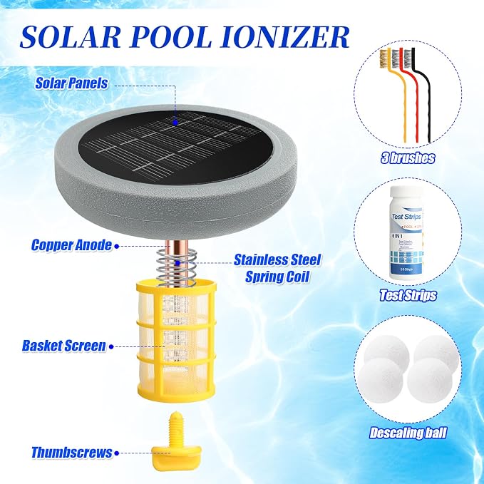 Qualirey Solar Pool Ionizer, Up to 45,000 Gallons,Floating Solar Copper Ionizer, Reduces Chlorine Use by 90%, with 4 Scum Absorber Balls for Above Ground Inground Pools Spas(Grey,Round)