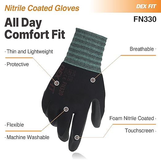 DEX FIT Nitrile Work Gloves FN330, 3D-Comfort Stretchy Fit, Firm Grip, Thin & Lightweight, Touch-Screen Compatible, Durable, Breathable & Cool, Machine Washable; Black S (7) 3 Pairs
