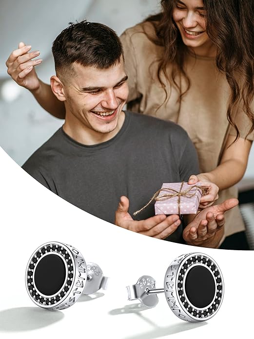 ChicSilver 925 Sterling Silver Viking Rune Natural Black Onyx Stud Earrings For Women Men