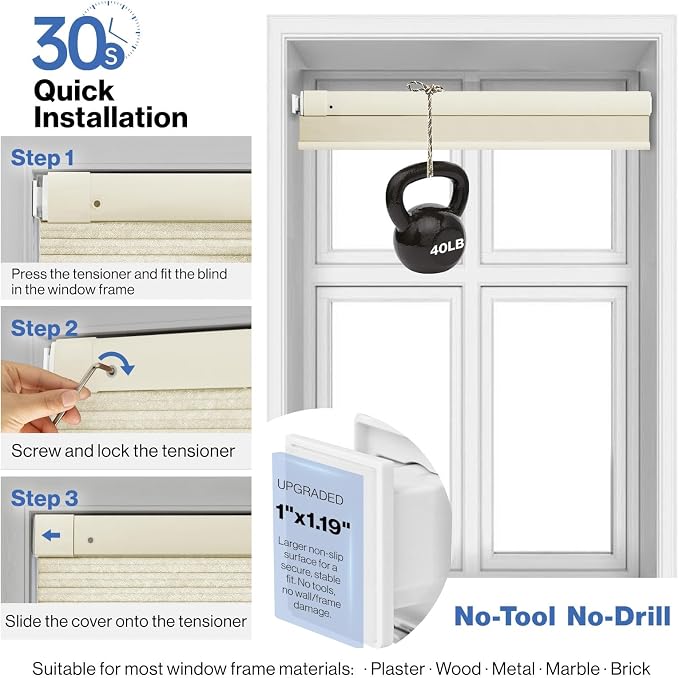 No Drill Cellular Shades, Cream Custom Size Cordless Light Filtering Pull Down Pleated Honeycomb Blind Thermal Insulated Easy Install for Indoor Window Bedroom Living Room Kitchen Door