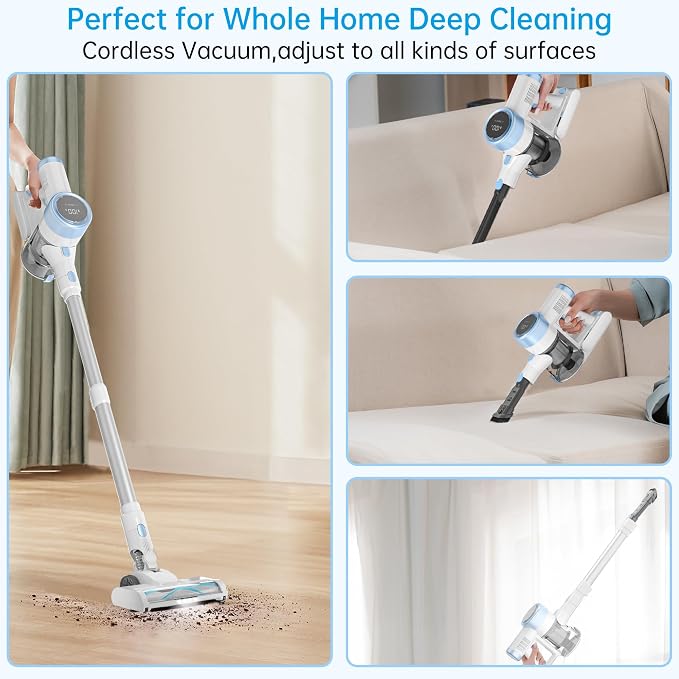 Cordless Vacuum Cleaner, 500W 45Kpa Vacuum Cleaners for Home, 6-in-1 Stick Vacuums with LED Touch Screen, Rechargeable Cordless Vacuums for Pet Hair Carpets Hard Floors, 1.0L Dust Cup