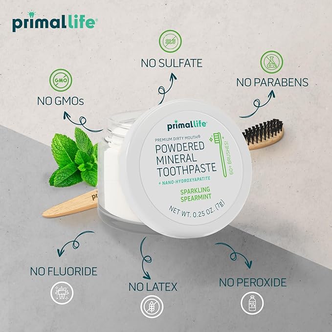 Primal Life Organics Dirty Mouth Toothpowder, Tooth Cleaning Powder, Flavored Essential Oils, Hydroxyapatite, Natural Kaolin, Bentonite Clay, USE: 60+ Brushings, Paleo, Organic, Vegan Spearmint 0.25oz