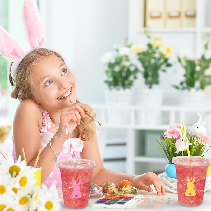 Whaline 60Pcs Easter Bunny Rabbit Disposable Plastic Cups with Lids and Straws 12oz Colorful Bunny Theme Party Cups Spring Beverage Drinking Cup for Anniversary Wedding Birthday Dinner