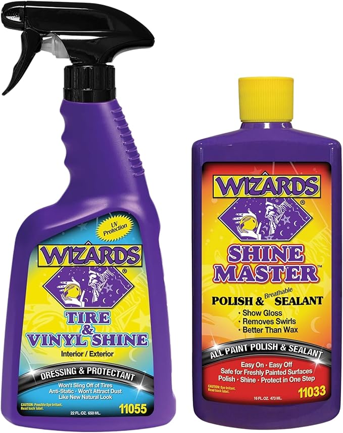 Wizards Tire and Wheel Vinyl Shine & Shine Master Polish & Sealant - Dressing, Protectant Spray - Cleans, Polishes, and Seals Paint