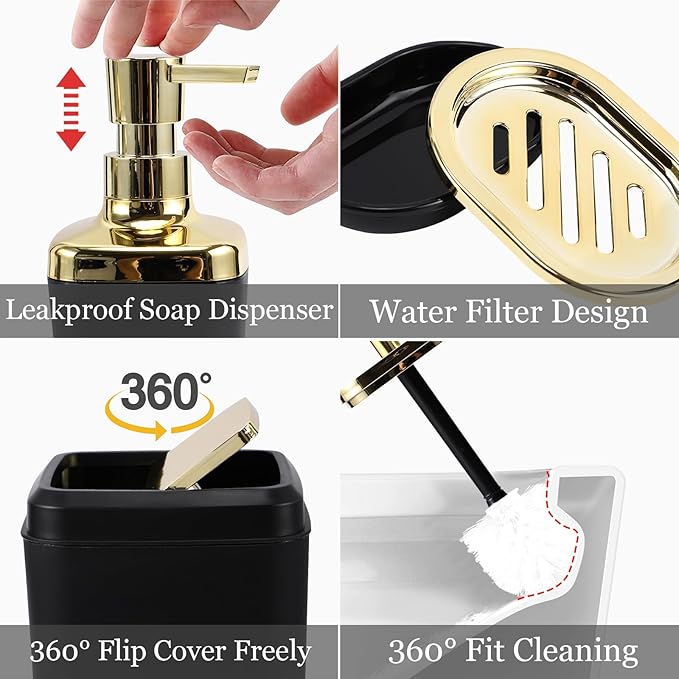 XLHOMO Black Bathroom Accessories Set, Black and Gold Bathroom Accessories with Trash Can, Tray, Soap Dispenser, Soap Dish, Toothbrush Holder, Toothbrush Cup,Toilet Brush and Qtip Holders