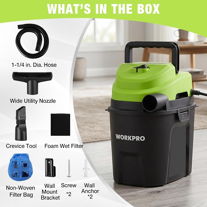 WORKPRO 1.5 Gallon Wet Dry Vacuum Cleaner, 2.5 Peak HP Portable Shop Vacuum with Powerful Suction, Lightweight Wet/Dry Vac for Car, Garage & Home Cleaning, Wall-Mount Storage