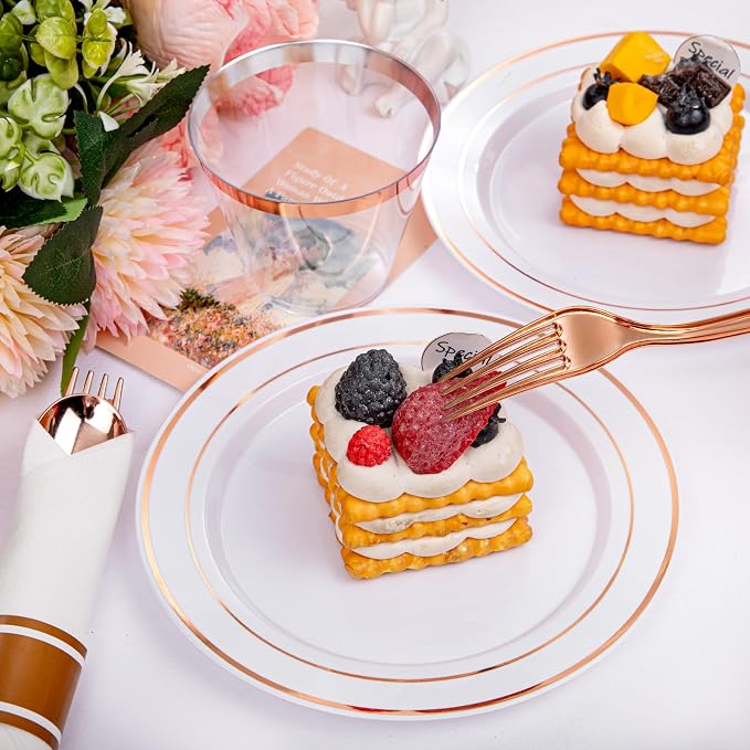DaYammi 210PCS Rose Gold Plastic Dinnerware Set for 30 Guests, Mother's Day Plates for Party, Include: 30 Dinner Plates, 30 Dessert Platos, 30 Pre Rolled Napkins with Rose Gold Silverware, 30 Cups