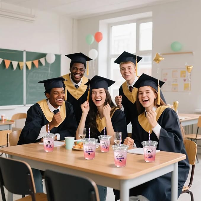 50 Pack Graduation Plastic Cups with Lids Straws 12 oz Purple Disposable Class of 2026 Decorations Graduation Party Favor Drinking Beverage Cup for Party Supplies Decorations