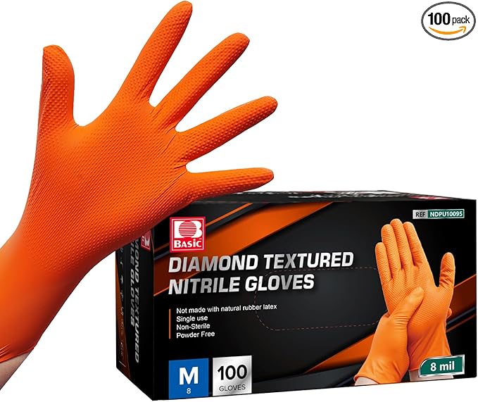 Jointown Basic Heavy Duty Nitrile Gloves, Mechanic Gloves 8 Mil Nitrile Disposable, with Raised Diamond Texture, Case of 100, Orange, Medium