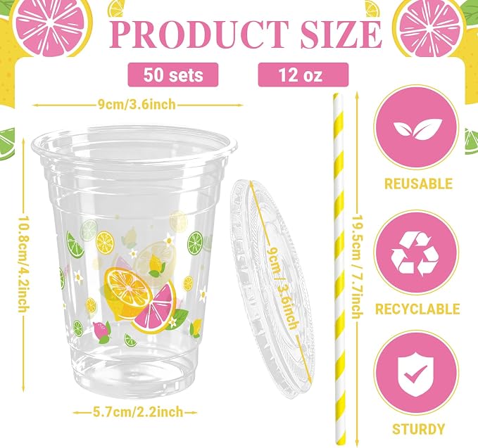 50 Sets Lemons Plastic Cups with Lids Straws 12 oz Yellow Pink Tropical Fruit Disposable Cups Summer Party Favor Drinking Beverage Cup for Baby Shower Birthday Party Supplies