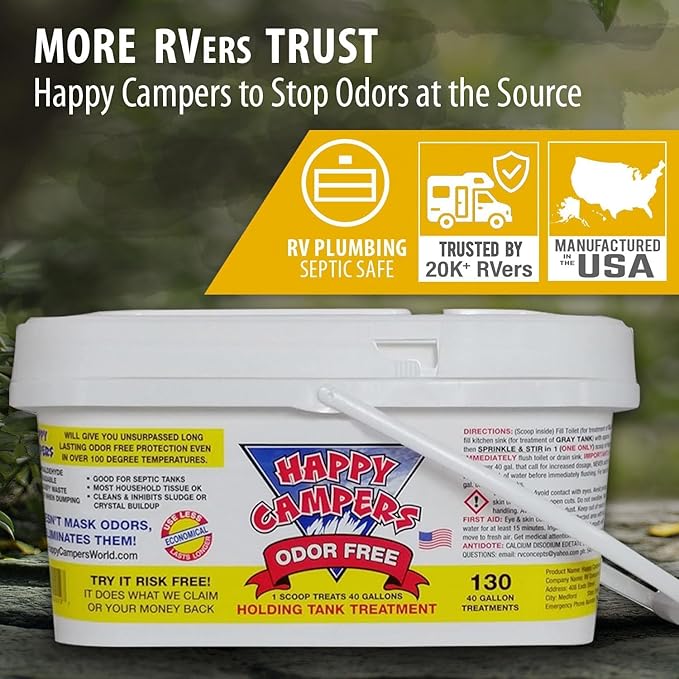 Happy Campers RV Toilet Treatment - Powerful Odor Control, Long-Lasting RV Tank Treatment - Prevents Clogs, Buildup, Sensor Failure - Keeps Holding Tank Clean & Healthy, Odor Free (130 Treatments)