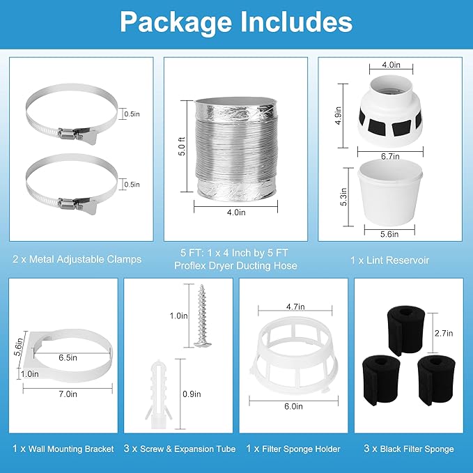 𝗨𝗽𝗴𝗿𝗮𝗱𝗲𝗱 Oterbear 3 in 1 Indoor Dryer Vent Kit with Dryer Vent Hose - Dryer Lint Catcher Water Filter Bucket - Dryer Lint Trap for Electric Dryer, Filter Sponge with Holder, Filter Bucket
