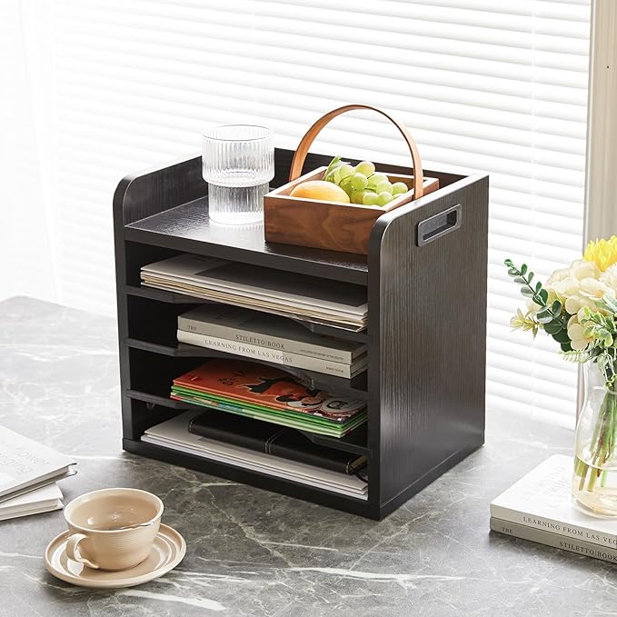 YMYNY Desktop File Organizer with Handle, Document Letter Mail Tray Sorter with 3 Adjustable Shelves, 5 Tiers Paper Holder for School Home Office Desk,Black,13.4 * 12.4 * 9.06" UHBC006B