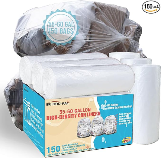 BEIDOU-PAC 55-60 Gallon Trash Bags, 150 Count Bulk, Heavy Duty Clear Plastic Recycling Garbage Bags, Multi-purpose Can Liners for Business Home Commercial, Industrial Contractors, Storage, Outdoor