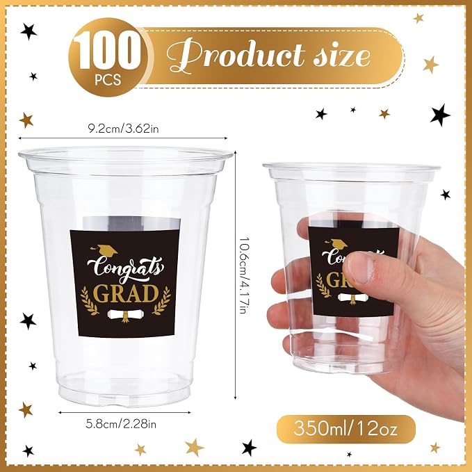Amyhill 100 Pack 12oz Graduation Cups 2026 Graduation Decorations Disposable Plastic Cups Sturdy&Durable Drinkware for Class of 2026 Decorations Congrats Grad Party Favors Supplies (Black)
