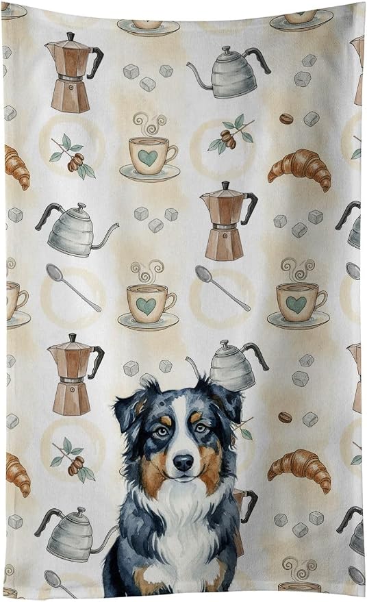 Caroline's Treasures Black Australian Shepherd Coffee Bar Kitchen Towel Velour Plush Front and Cotton Loop Back Machine Washable