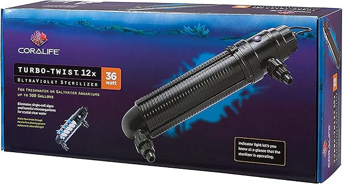 Coralife Aquarium Fish Tank Marine Salt Water Turbo-Twist UV Sterilizer 12X, For up to 500 Gallons