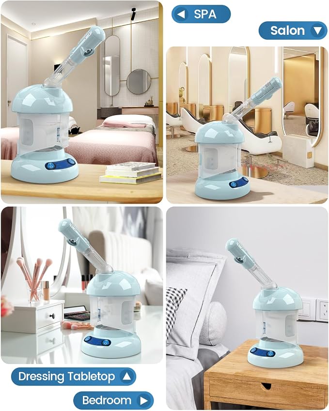Tabletop Facial Steamer - Ozone Steamer with 360° Rotatable Arm - Professional Nano Ionic Facial Steamer for Deep Cleaning - Portable for Personal Care Use at Home or Salon, Blue