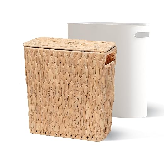 3 Gallon Wicker Trash Can with Lid and Removable Liner, Natural Water Hyacinth Handwoven Bathroom Waste Basket for Bedroom,Toilet, Living Room, Under Sink, Kitchen (No Brush)