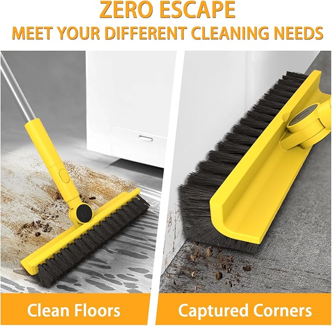Dymoll Multi-Purpose V-Shaped Grout Brush with 16.9" Floor Squeegee Set, Long Handle Floor Scrub Brush for Cleaning Bathroom Tile Corner Baseboards, Squeegee for Cleaning Garage Floor Window Glass