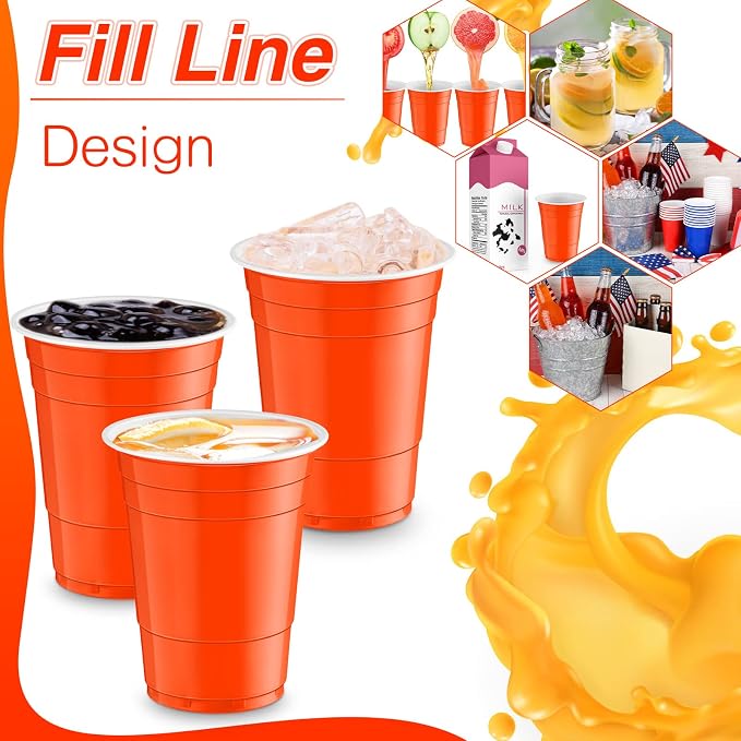 Lounsweer 100 Pcs 16 oz Disposable Party Cups Plastic Heavy Duty Drinking Water Cups for Birthday Baby Shower Wedding BBQ Picnic Party Supplies(Orange)